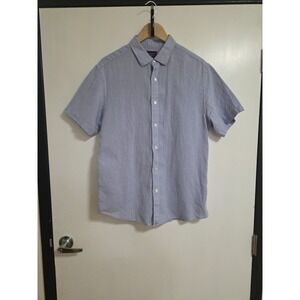 Untuckit Mens Natural Linen Striped Short Sleeve Button Up Shirt Blue Large